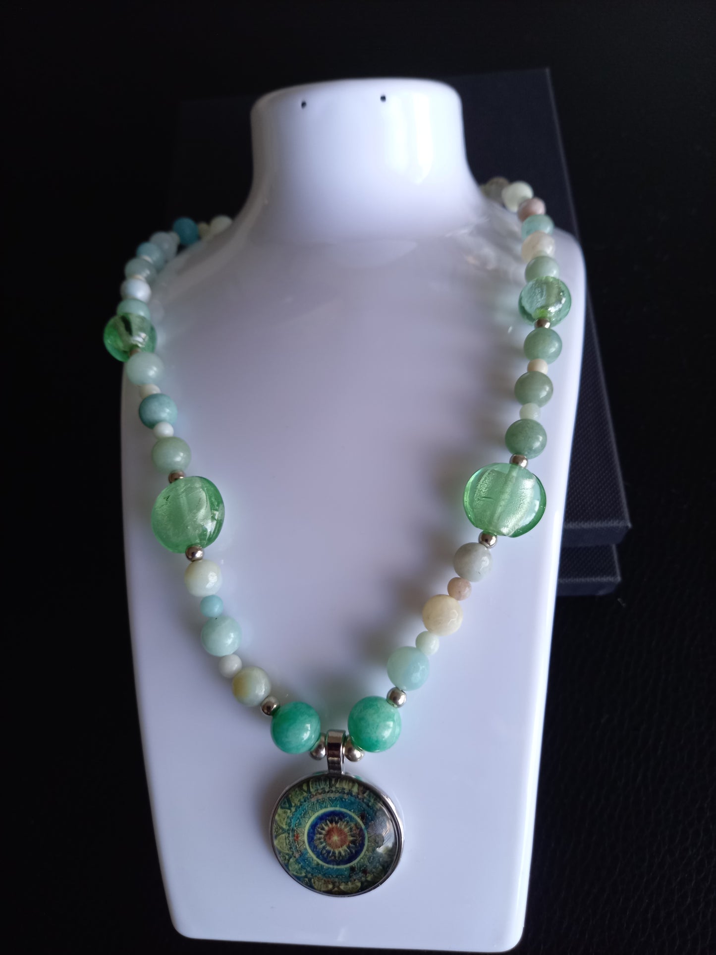 Handmade Amazonite Beaded Necklace with Mandala Pendant (50cm)