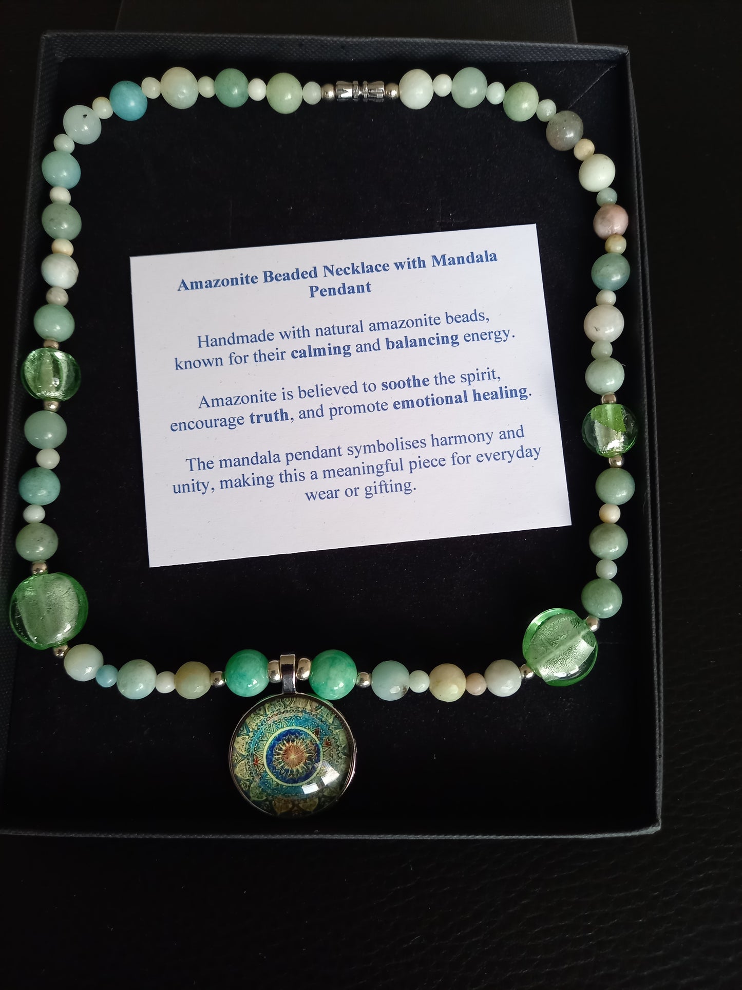 Handmade Amazonite Beaded Necklace with Mandala Pendant (50cm)