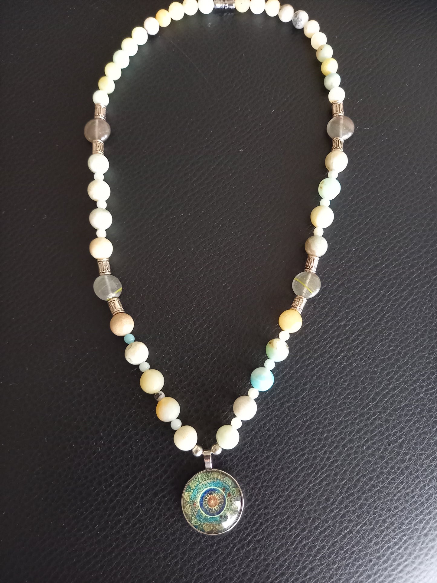 Handmade Amazonite Beaded Necklace with Mandala Pendant (56cm)