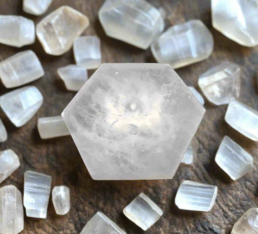 Selenite Hexagonal Disk with Lotus Carving – 190g