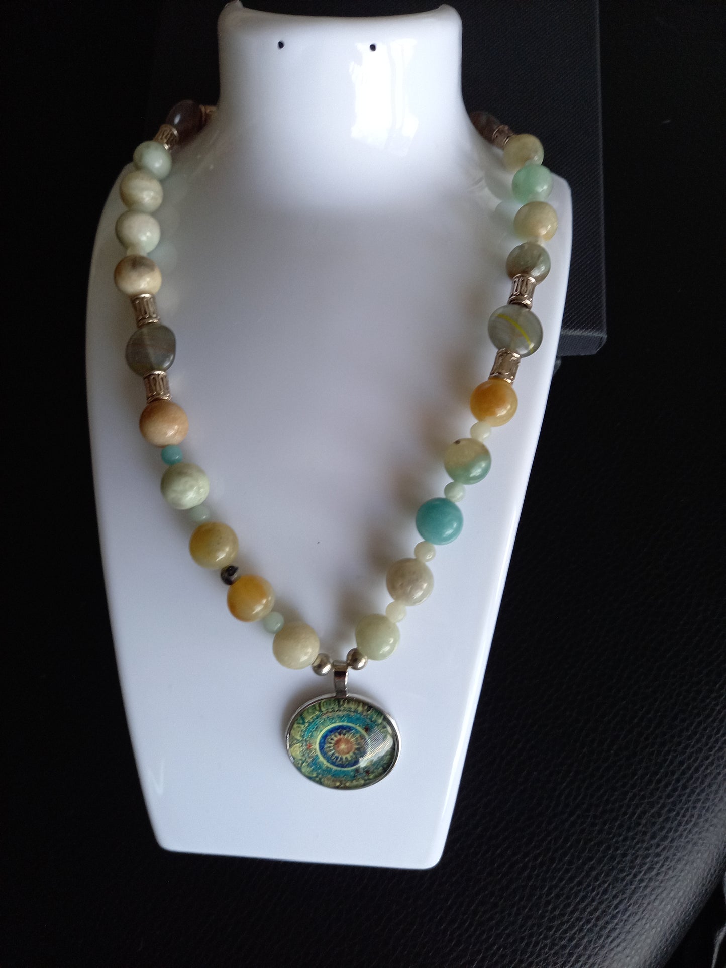Handmade Amazonite Beaded Necklace with Mandala Pendant (56cm)