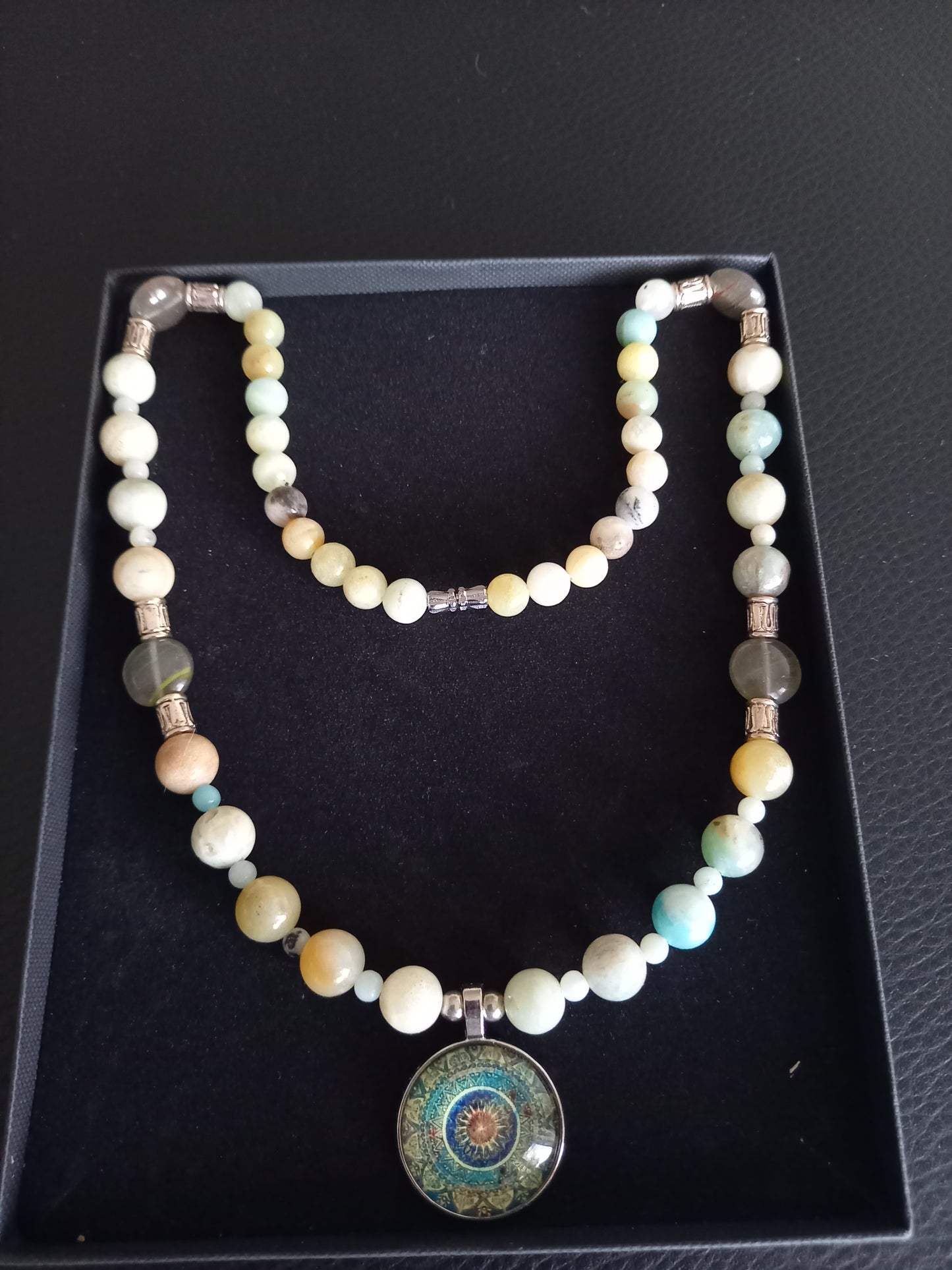 Handmade Amazonite Beaded Necklace with Mandala Pendant (56cm)