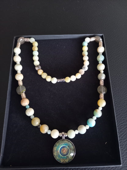 Handmade Amazonite Beaded Necklace with Mandala Pendant (56cm)