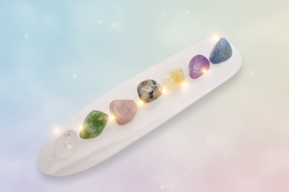 Selenite Charging Bowl with 7 Healing Crystals – Energy Cleansing & Chakra Set (20cm)