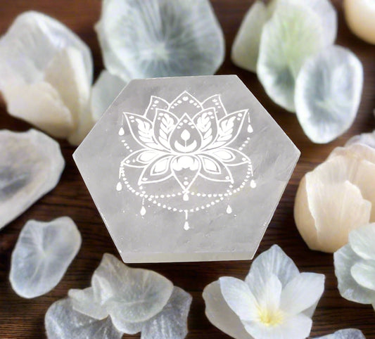 Selenite Hexagonal Disk with Lotus Carving – 190g
