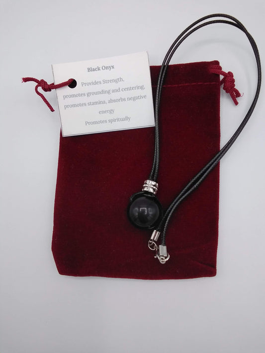 Black Onyx &amp; Tibetan bead 50cm Black Waxed Cord Necklace