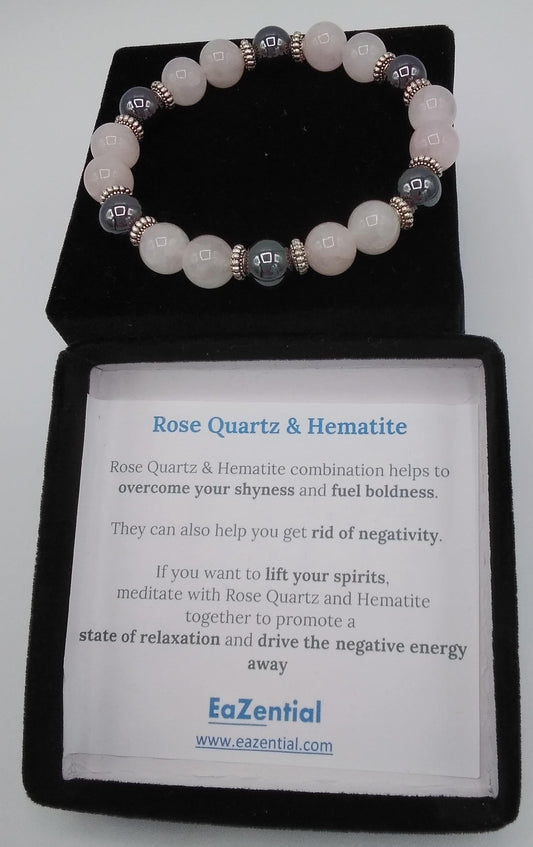 Rose Quartz Crystal Bead Bracelet with Hematite